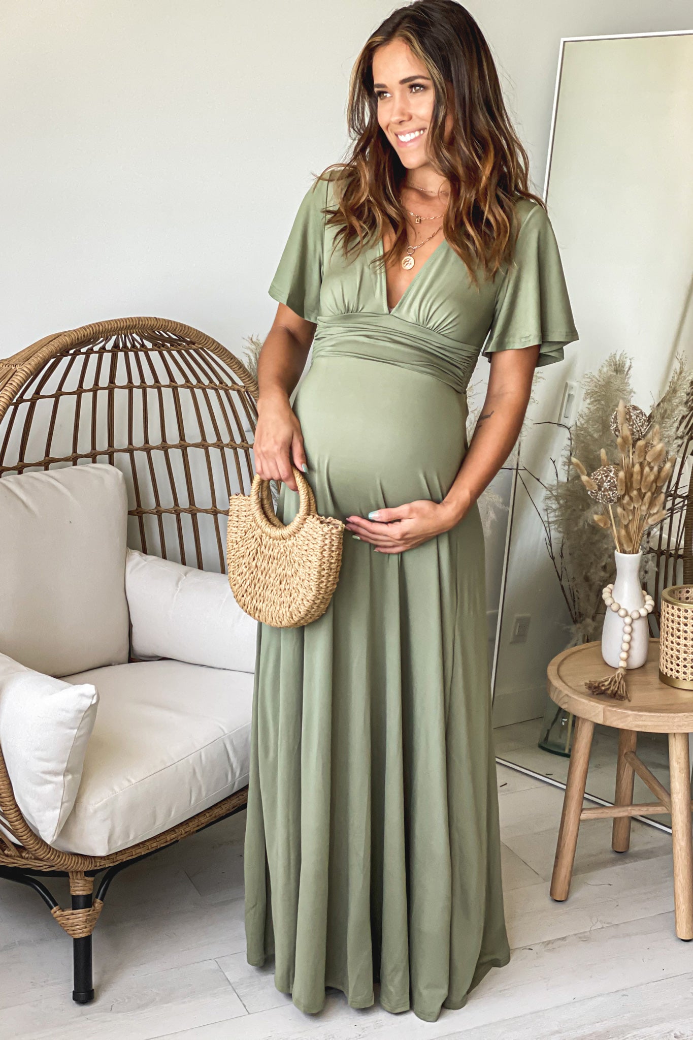 Olive V-Neck Maternity Maxi Dress ...